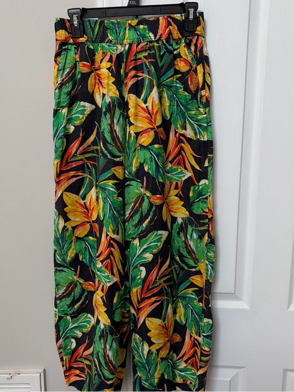 Nicole Miller 100% Linen Pants with Green and Yellow Tropical Leaves
